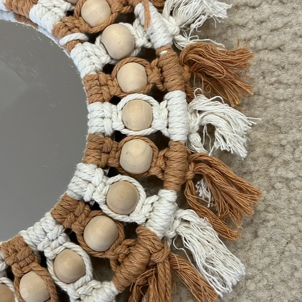 Bohemian Macrame Beaded Brown & White Round Mirror Wall Hanging